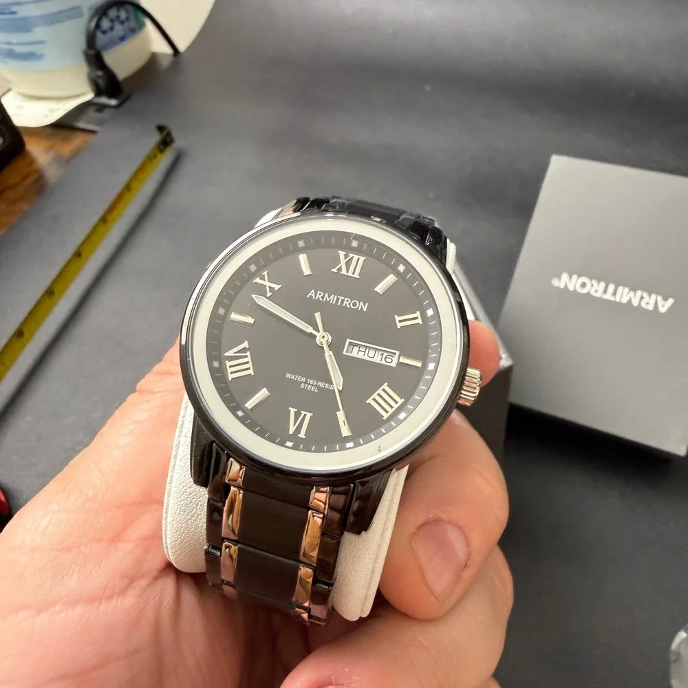 MSRP $95 Armitron Mens 20/4935TB Day/Date Black/Silver‎ Tone Bracelet Watc